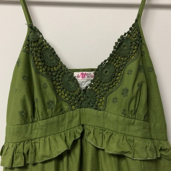 As U Wish Avocado Summer Dress with Crochet and Ruffle Detail - Picture 2 of 13